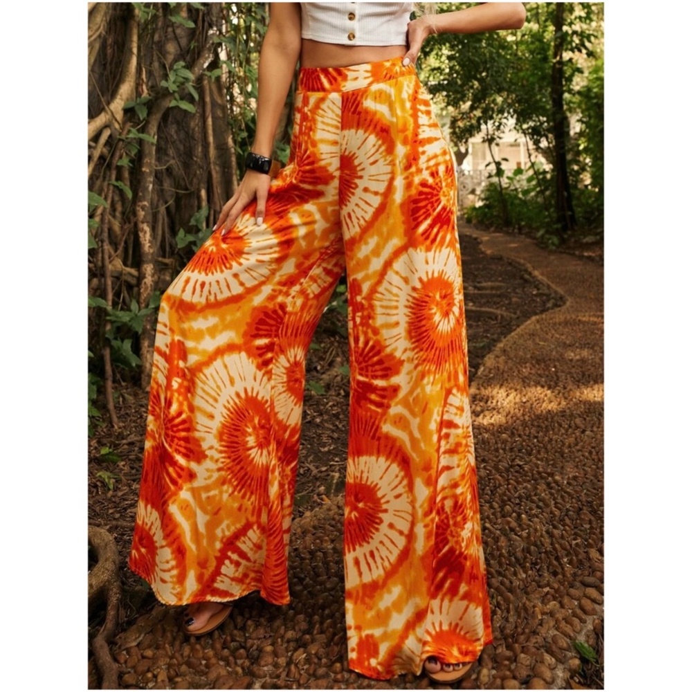 Boho Orange Tie Dye Wide leg Palazzo Pants - Picture 1 of 5